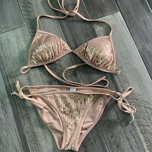 BEACH Sequin Nude Tan Beige String Bikini